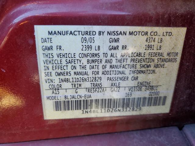 1N4BL11D26N312829 - 2006 NISSAN ALTIMA SE BURGUNDY photo 10