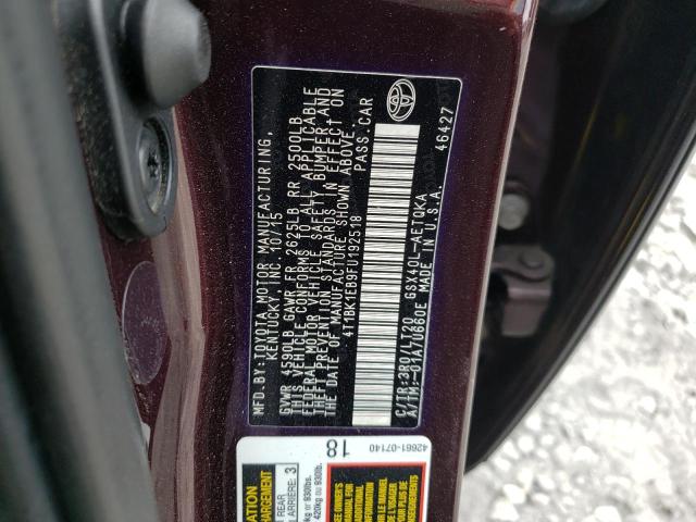 4T1BK1EB9FU192518 - 2015 TOYOTA AVALON XLE BURGUNDY photo 10