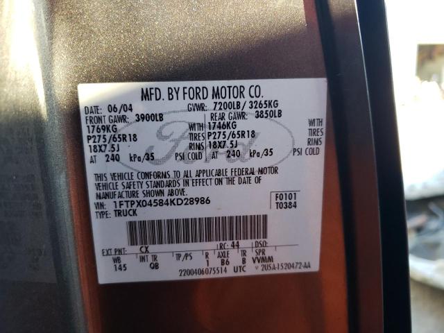 1FTPX04584KD28986 - 2004 FORD F150 GRAY photo 10