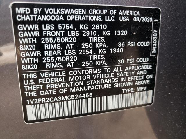 1V2PR2CA3MC524458 - 2021 VOLKSWAGEN ATLAS SE GRAY photo 10