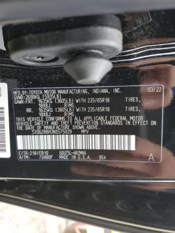 5TDGZRBH3NS575029 - 2022 TOYOTA HIGHLANDER BLACK photo 10
