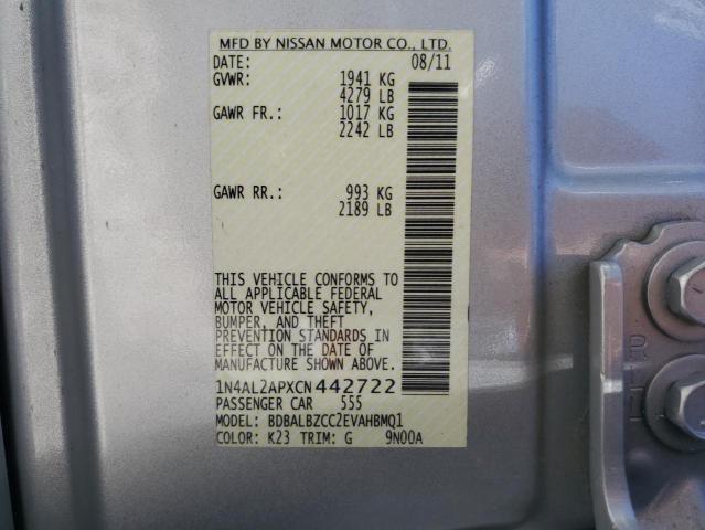 1N4AL2APXCN442722 - 2012 NISSAN ALTIMA BAS SILVER photo 10