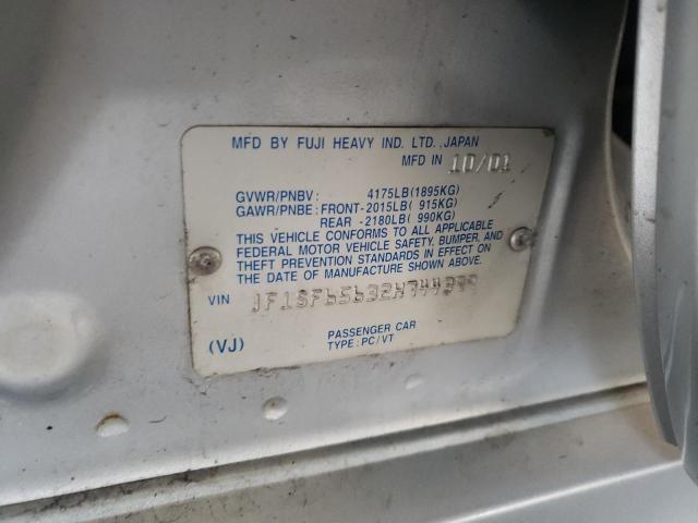 JF1SF65632H744399 - 2002 SUBARU FORESTER S SILVER photo 10