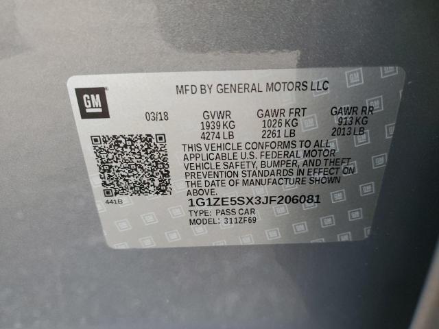 1G1ZE5SX3JF206081 - 2018 CHEVROLET MALIBU PRE ნაცრისფერი ფოტო 10