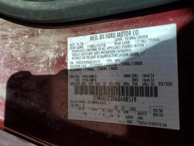 2FMZA52206BA48519 - 2006 FORD FREESTAR S MAROON photo 10