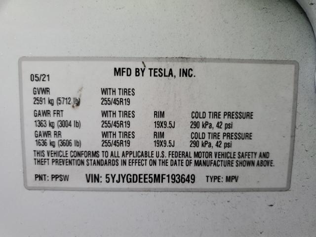 5YJYGDEE5MF193649 - 2021 TESLA MODEL Y أبيض صورة 10