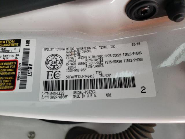 5TFAY5F1XJX740416 - 2018 TOYOTA TUNDRA CRE WHITE photo 10