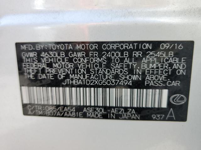 JTHBA1D2XG5037494 - 2016 LEXUS IS 200T WHITE photo 10