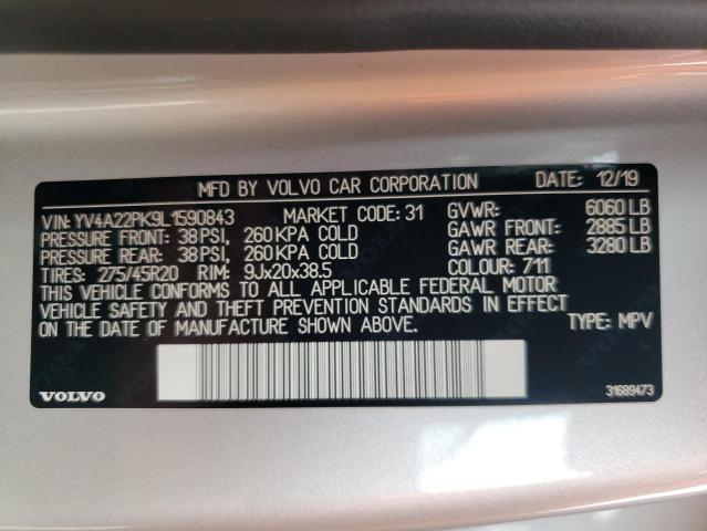 YV4A22PK9L1590843 - 2020 VOLVO XC90 T6 MO SILVER photo 10