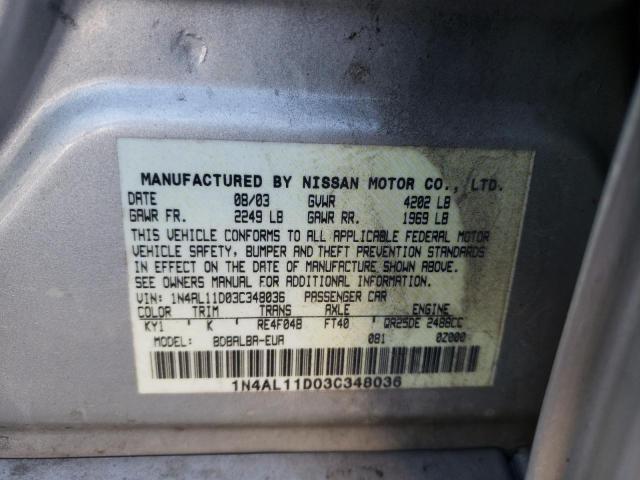 1N4AL11D03C348036 - 2003 NISSAN ALTIMA BAS SILVER photo 10