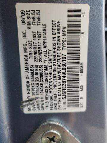 5J6RE38749L030197 - 2009 HONDA CR-V EXL BLUE photo 10