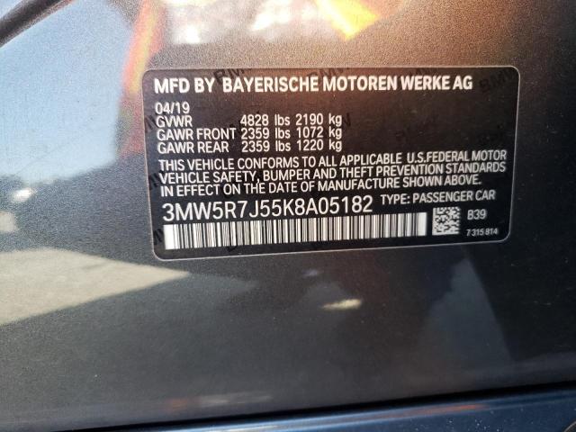 3MW5R7J55K8A05182 - 2019 BMW 330XI CHARCOAL photo 10