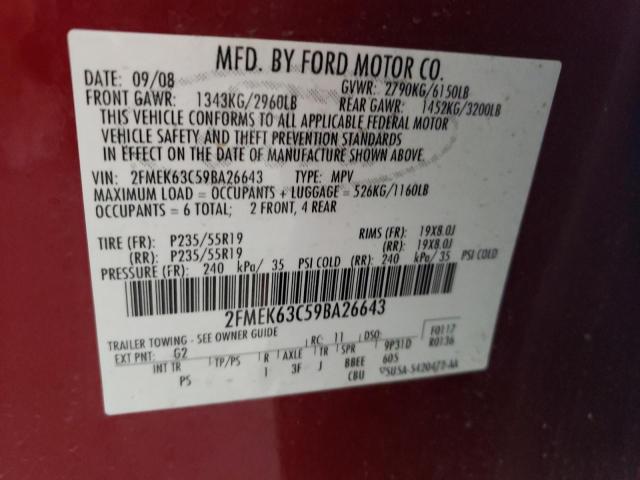 2FMEK63C59BA26643 - 2009 FORD FLEX BURGUNDY photo 10