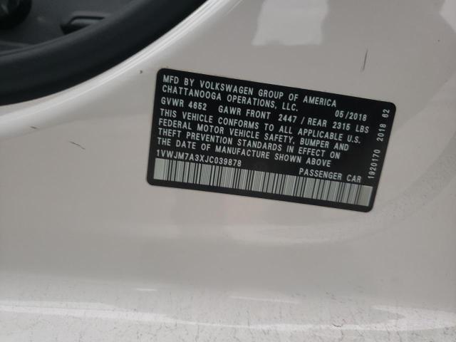 1VWJM7A3XJC039878 - 2018 VOLKSWAGEN PASSAT GT WHITE photo 10