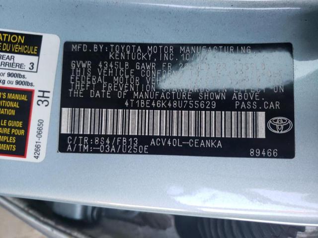 4T1BE46K48U755629 - 2008 TOYOTA CAMRY CE BLUE photo 10