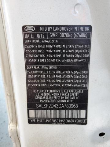 SALSF2D43DA783968 - 2013 LAND ROVER RANGE ROVE WHITE photo 10