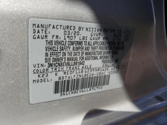 3N1CN8EV6LL891942 - 2020 NISSAN VERSA SV SILVER photo 10