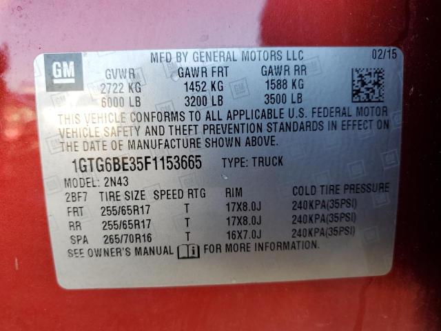 1GTG6BE35F1153665 - 2015 GMC CANYON SLE RED photo 10