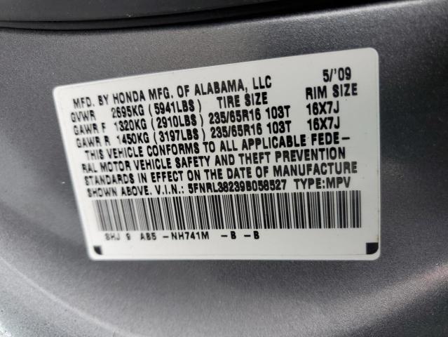 5FNRL38239B058527 - 2009 HONDA ODYSSEY LX GRAY photo 10