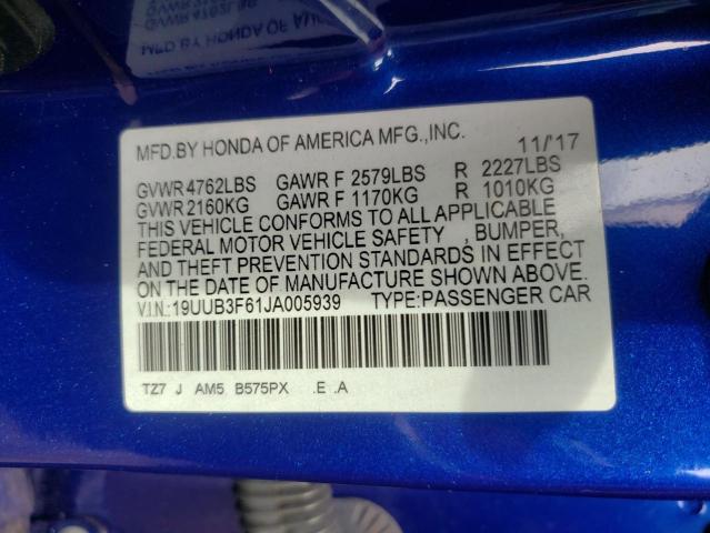 19UUB3F61JA005939 - 2018 ACURA TLX TECH+A BLUE photo 10