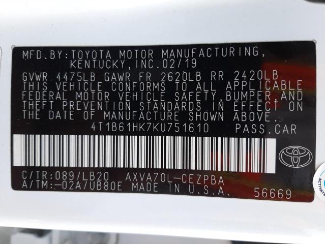 4T1B61HK7KU751610 - 2019 TOYOTA CAMRY XSE WHITE photo 10