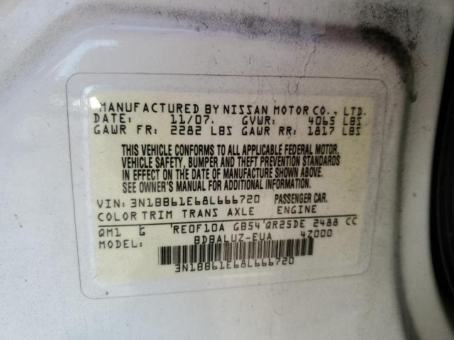 3N1BB61E68L666720 - 2008 NISSAN SENTRA SE- WHITE photo 10