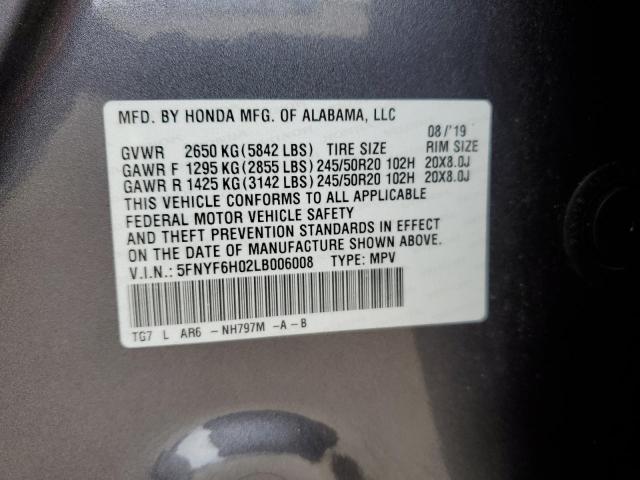 5FNYF6H02LB006008 - 2020 HONDA PILOT ELIT BLUE photo 10