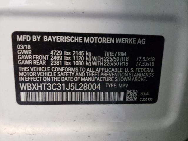 WBXHT3C31J5L28004 - 2018 BMW X1 XDRIVE2 WHITE photo 10