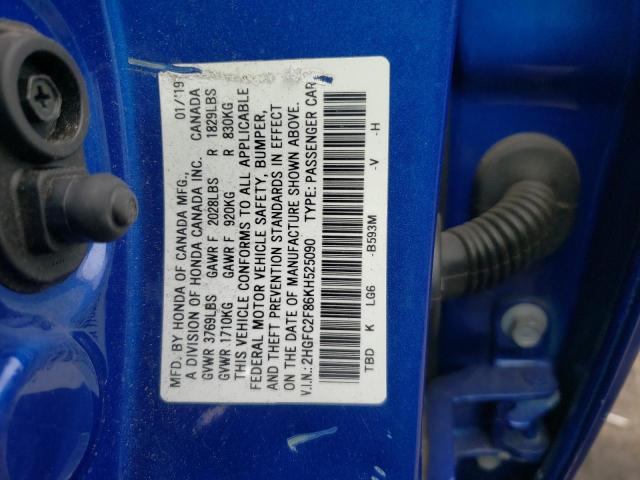 2HGFC2F86KH525090 - 2019 HONDA CIVIC SPOR BLUE photo 10