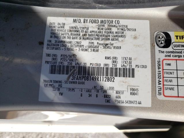 3FAHP08149R112802 - 2009 FORD FUSION SEL SILVER photo 10