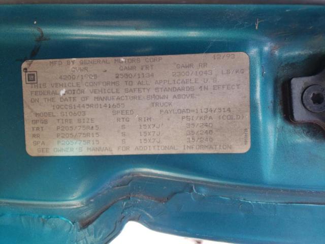 1GCCS1445R8141655 - 1994 CHEVROLET S TRUCK S1 TEAL photo 10