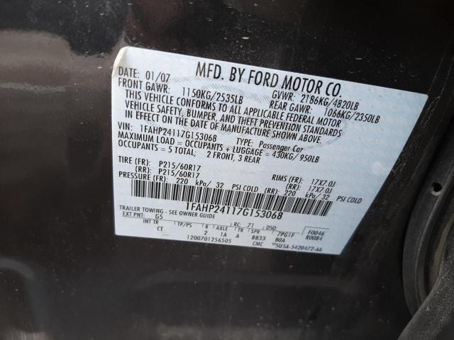 1FAHP24117G153068 - 2007 FORD FIVE HUNDR BLACK photo 10