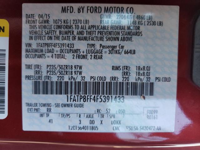 1FATP8FF4F5391433 - 2015 FORD MUSTANG GT RED photo 10