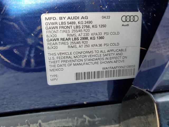 WA1FAAFYXN2108559 - 2022 AUDI Q5 PRESTIG BLUE photo 10