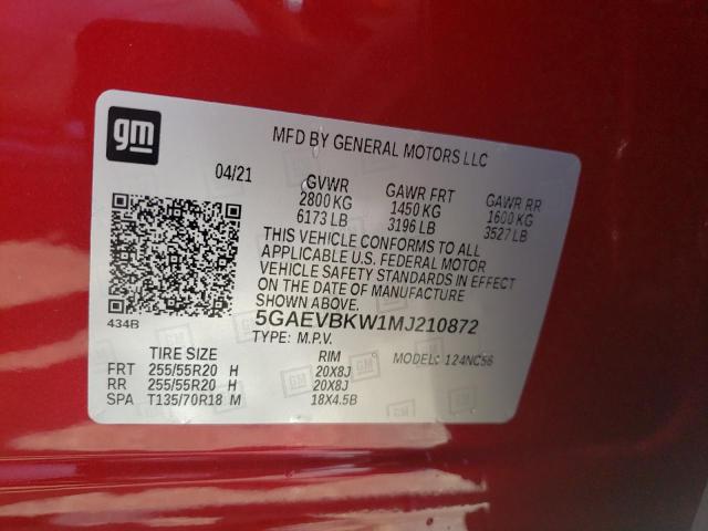 5GAEVBKW1MJ210872 - 2021 BUICK ENCLAVE PR RED photo 10