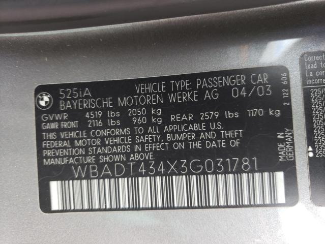 WBADT434X3G031781 - 2003 BMW 525 I AUTO CHARCOAL photo 10