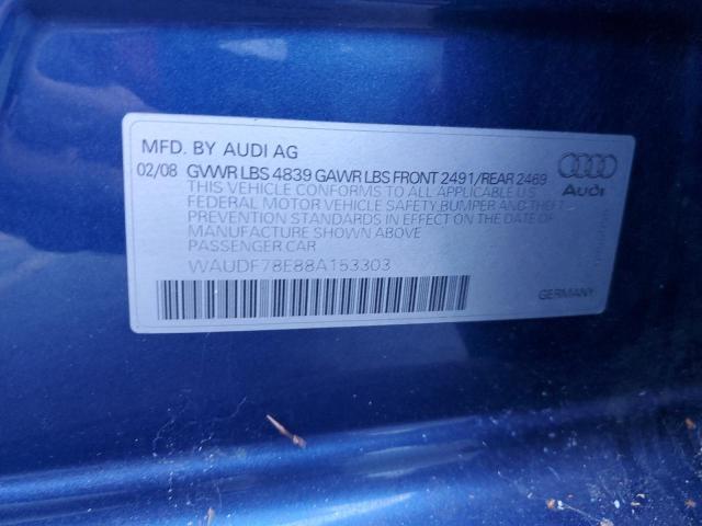 WAUDF78E88A153303 - 2008 AUDI A4 2.0T QU BLUE photo 10