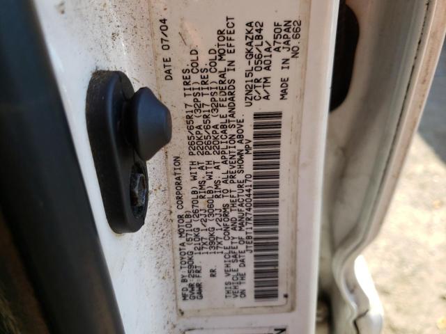 JTEBT17R740044170 - 2004 TOYOTA 4RUNNER LI WHITE photo 10