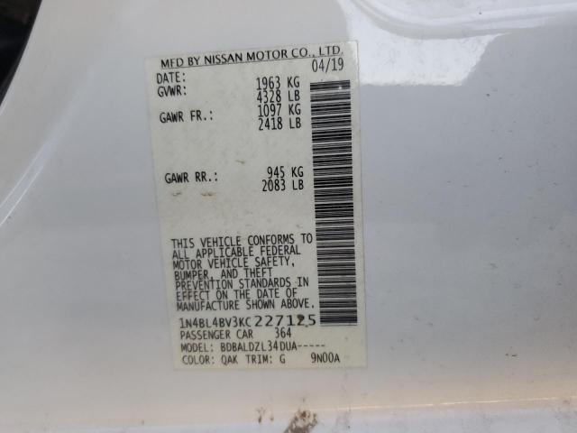 1N4BL4BV3KC227125 - 2019 NISSAN ALTIMA S WHITE photo 10