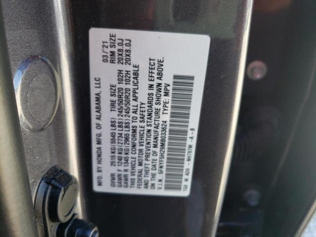 5FNYF5H29MB033624 - 2021 HONDA PILOT SE GRAY photo 10