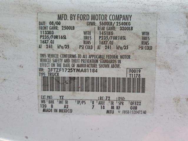 3FTZF1725YMA81184 - 2000 FORD F150 WHITE photo 10