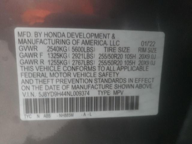 5J8YD9H44NL009374 - 2022 ACURA MDX TECHNO GRAY photo 10