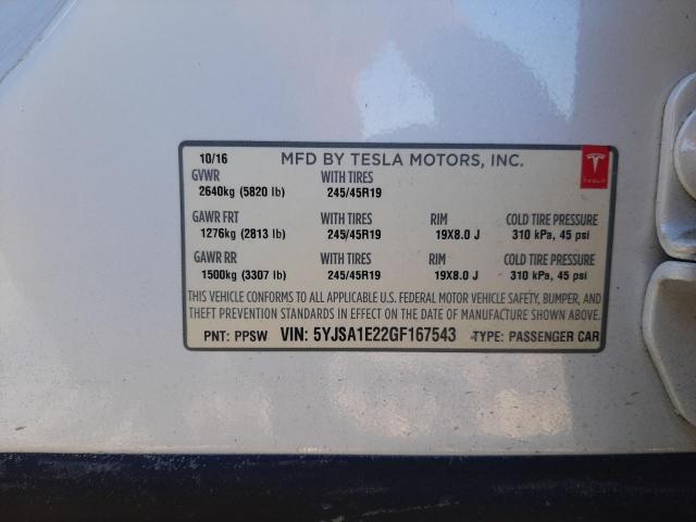 5YJSA1E22GF167543 - 2016 TESLA MODEL S Սպիտակ լուսանկար 10