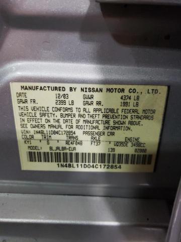 1N4BL11D04C172854 - 2004 NISSAN ALTIMA SE SILVER photo 10