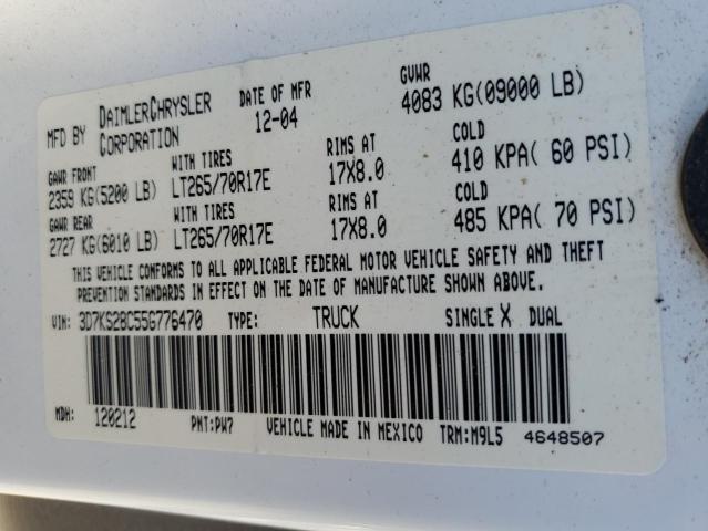 3D7KS28C55G776470 - 2005 DODGE RAM 2500 S WHITE photo 10