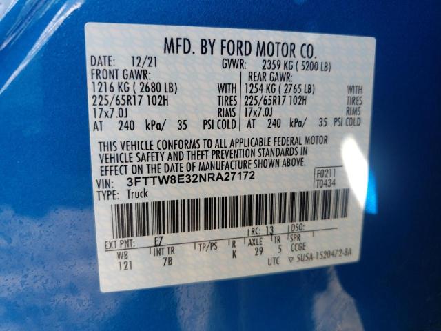 3FTTW8E32NRA27172 - 2022 FORD MAVERICK X BLUE photo 10