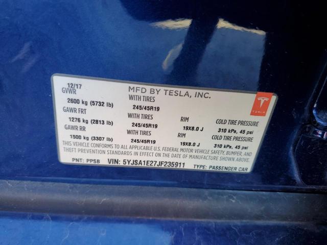 5YJSA1E27JF235911 - 2018 TESLA MODEL S Azul foto 10