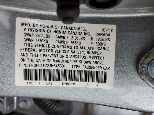 2HGFC1F72JH645601 - 2018 HONDA CIVIC EXL فضي صورة 10