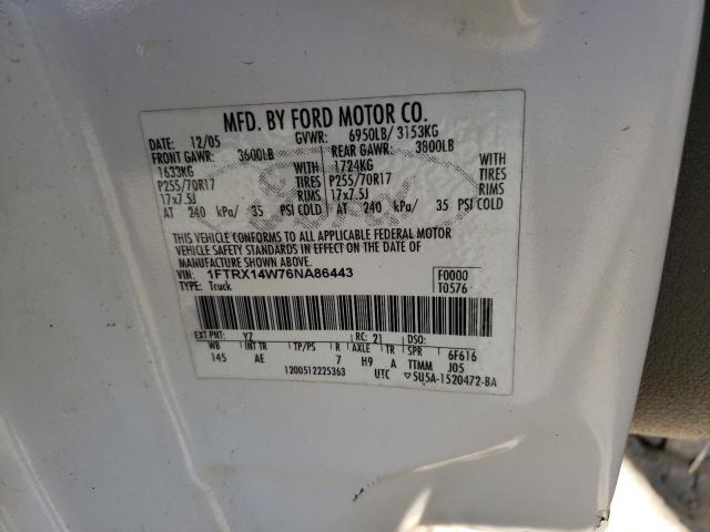 1FTRX14W76NA86443 - 2006 FORD F150 WHITE photo 10