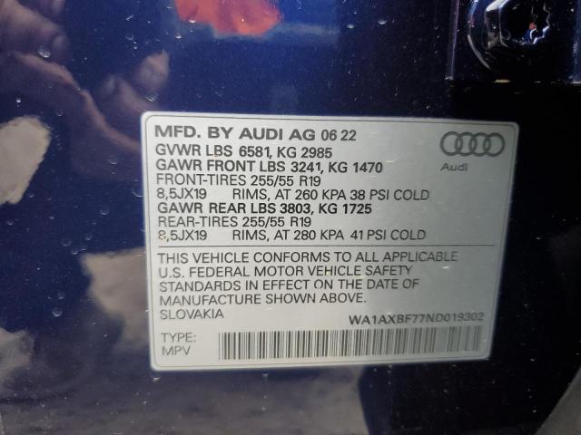 WA1AXBF77ND019302 - 2022 AUDI Q7 PREMIUM BLUE photo 10